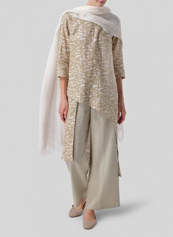 Khaki Print Linen Asymmetrical Tunic Set