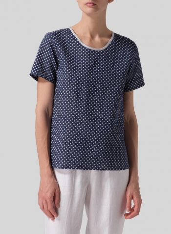 Navy White Dot Linen Boxy Short Sleeve Top