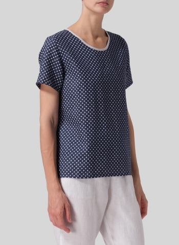 Navy White Dot Linen Boxy Short Sleeve Top