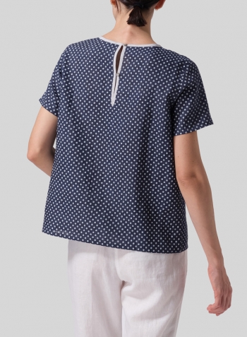 Navy White Dot Linen Boxy Short Sleeve Top
