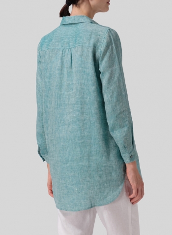 Two Tone Green Linen Classic Collar Half Button Down Tunic