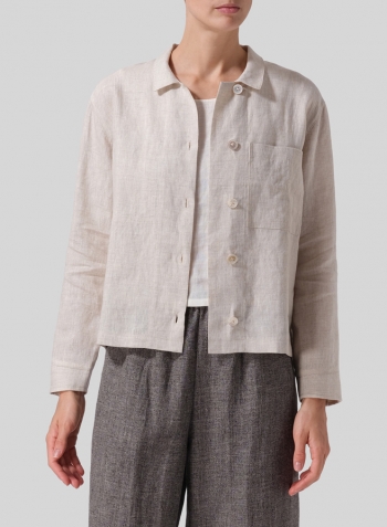 Oat Linen Cropped Shirt Jacket with Pockets