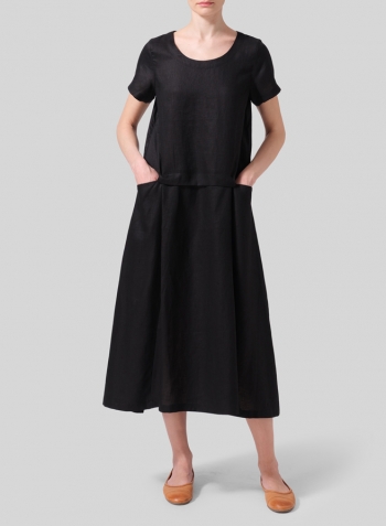 Black Linen Short Sleeves A-Line Dress