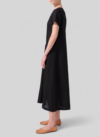 Black Linen Short Sleeves A-Line Dress