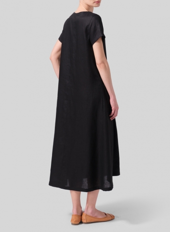 Black Linen Short Sleeves A-Line Dress