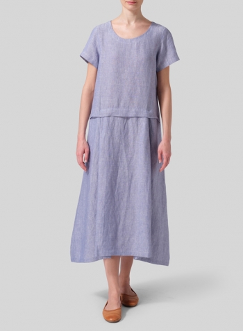 Two Tone Blue White Linen Short Sleeves A-Line Dress