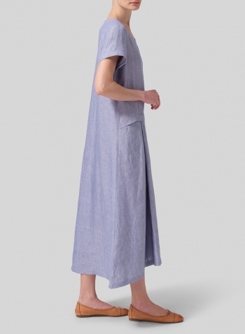 Two Tone Blue White Linen Short Sleeves A-Line Dress