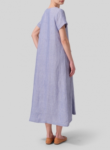 Two Tone Blue White Linen Short Sleeves A-Line Dress