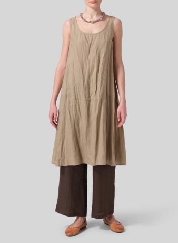 Khaki Sand Linen A-line Scoop Neck Tunic Set