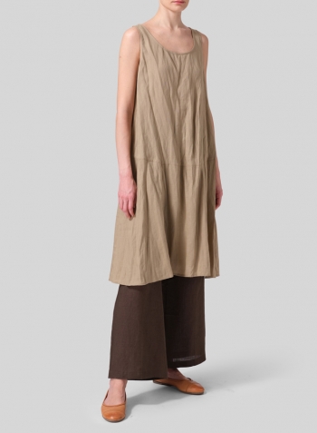 Khaki Sand Linen A-line Scoop Neck Tunic Set