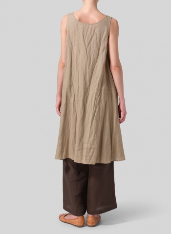 Khaki Sand Linen A-line Scoop Neck Tunic Set