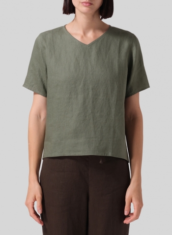 Khaki Green Linen Regular Fit V-Neck Short Top