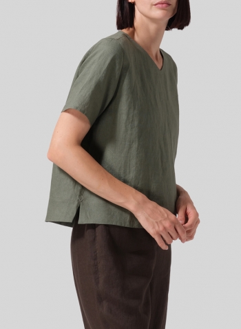 Khaki Green Linen Regular Fit V-Neck Short Top