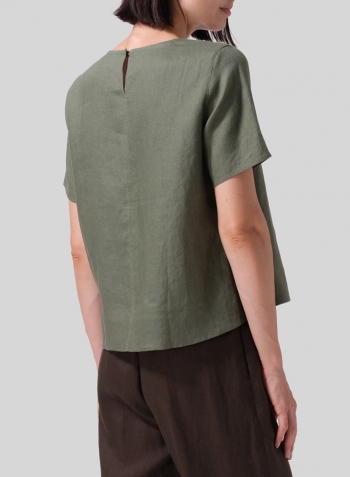 Khaki Green Linen Regular Fit V-Neck Short Top