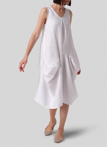 White Linen Sleeveless Draped Dress