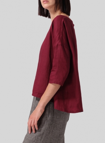 Burgundy Linen Contrast Dropped Shoulder Top