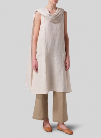 White Sand Linen A-line Scoop Neck Tunic With Scarf
