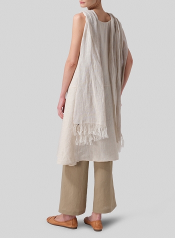 White Sand Linen A-line Scoop Neck Tunic With Scarf