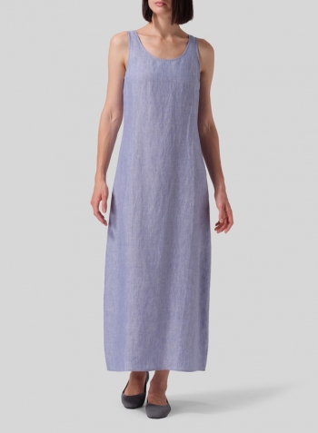 Two Tone Blue White Linen Fitting Round Neck Long Dress