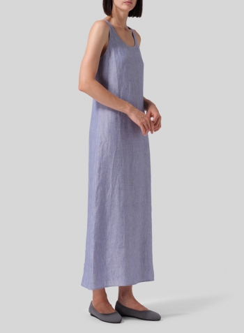 Two Tone Blue White Linen Fitting Round Neck Long Dress