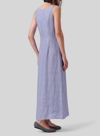 Two Tone Blue White Linen Fitting Round Neck Long Dress
