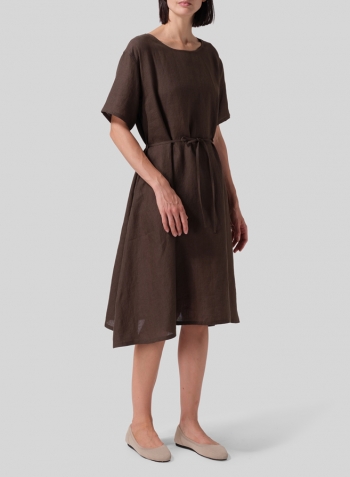 Dark Olive Brown Linen Tie Waist Dress