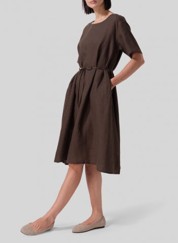 Dark Olive Brown Linen Tie Waist Dress