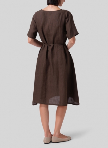 Dark Olive Brown Linen Tie Waist Dress