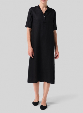 Black Linen Short Sleeve A-line Tunic Dress