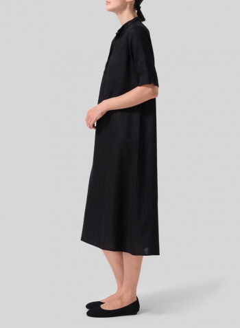 Black Linen Short Sleeve A-line Tunic Dress