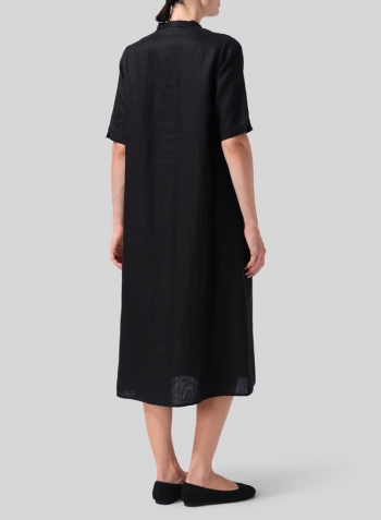 Black Linen Short Sleeve A-line Tunic Dress