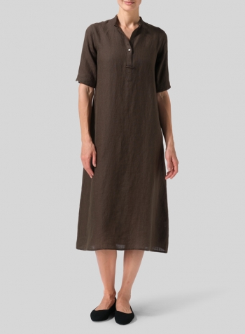 Dark Olive Brown Linen Short Sleeve A-line Tunic Dress