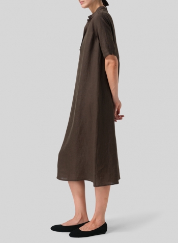 Dark Olive Brown Linen Short Sleeve A-line Tunic Dress