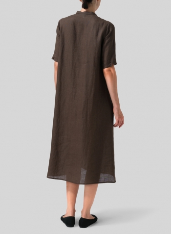 Dark Olive Brown Linen Short Sleeve A-line Tunic Dress