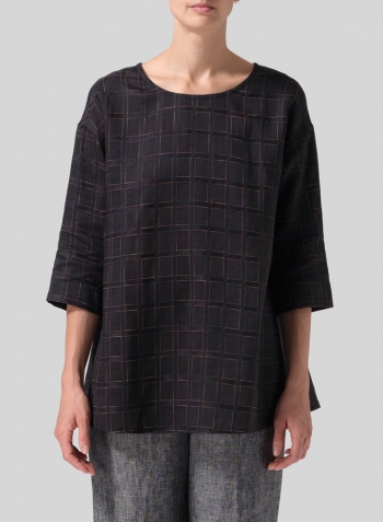 Multi-colour Black Plaid Medium Weight Linen Sloped Shoulder A-line Blouse Set