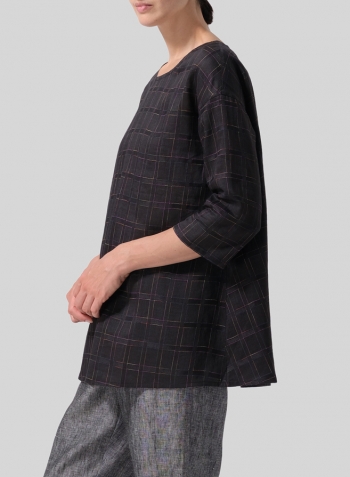 Multi-colour Black Plaid Medium Weight Linen Sloped Shoulder A-line Blouse Set