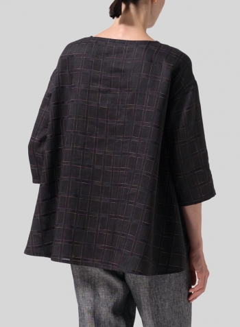 Multi-colour Black Plaid Medium Weight Linen Sloped Shoulder A-line Blouse Set
