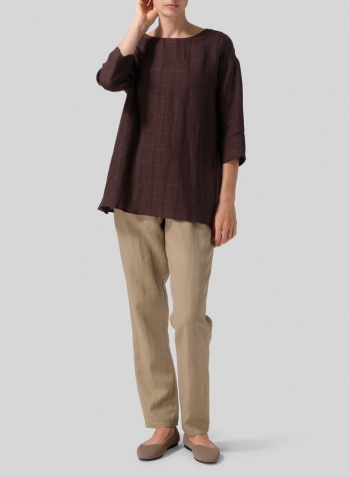 Brown Plaid Medium Weight Linen Sloped Shoulder A-line Blouse