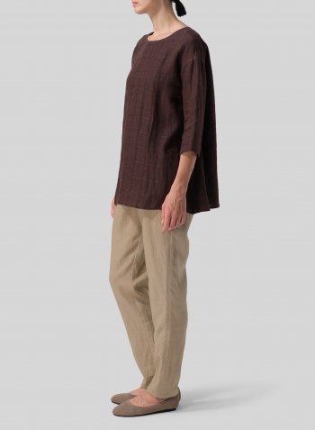 Brown Plaid Medium Weight Linen Sloped Shoulder A-line Blouse