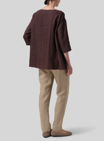 Brown Plaid Medium Weight Linen Sloped Shoulder A-line Blouse
