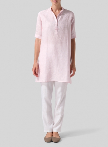 Pink Linen A-line Tunic With Double-layer Collar