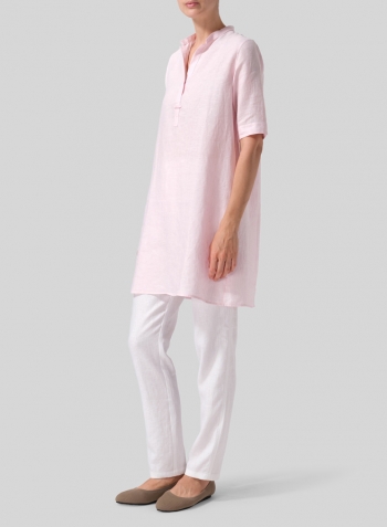 Pink Linen A-line Tunic With Double-layer Collar