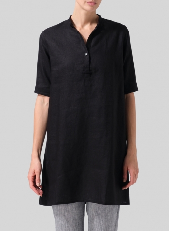 Black Linen A-line Tunic With Double-layer Collar