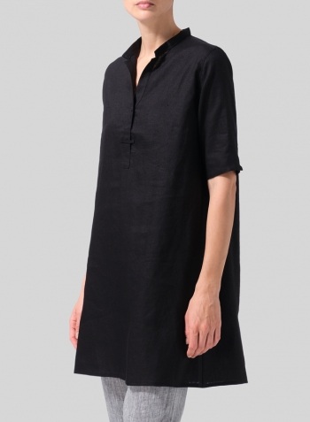 Black Linen A-line Tunic With Double-layer Collar