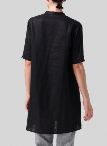 Black Linen A-line Tunic With Double-layer Collar