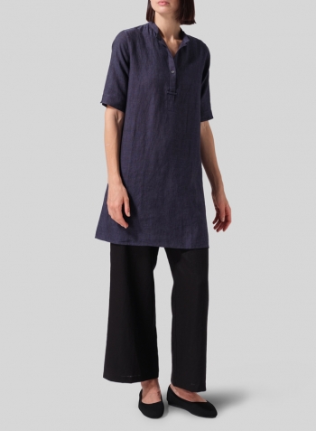 Dark Denim Linen A-line Tunic With Double-layer Collar