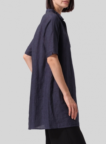 Dark Denim Linen A-line Tunic With Double-layer Collar