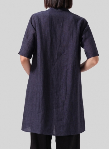 Dark Denim Linen A-line Tunic With Double-layer Collar