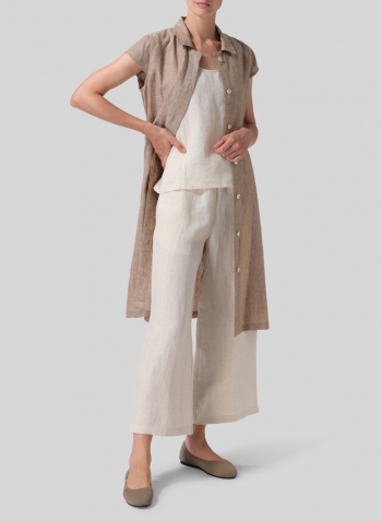 Light Brown Linen Coat Dress with Tie Set