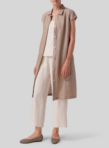 Light Brown Linen Coat Dress with Tie Set